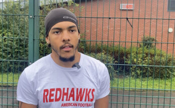 Solent Redhawks running back Nick Williams standing in front of a fence at Test Park.