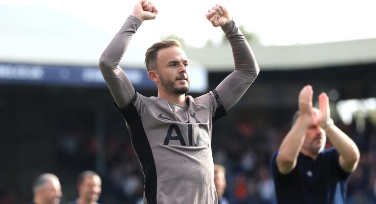 James Maddison celebrating Micky Van De Ven's goal at Luton Town. (image from sportsmax.tv)