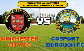 Badges of Winchester City FC and Gosport Borough FC ahead of their clash on New Years Day at the Charters Community Stadium