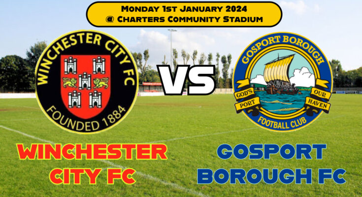 Badges of Winchester City FC and Gosport Borough FC ahead of their clash on New Years Day at the Charters Community Stadium