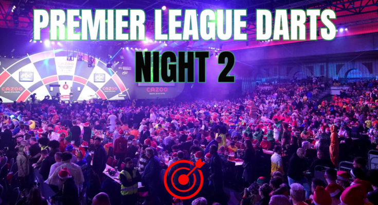 A darts stage with a large crowd. A grahpic reads 'Premier League Darts Night 2" in black and white text