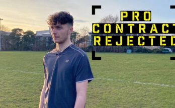 Joey Rapley being interviewed in a park after a footbal game Yellow and Black text next to him saying 'Pro contract Rejected"