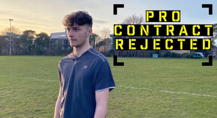 Joey Rapley being interviewed in a park after a footbal game Yellow and Black text next to him saying 'Pro contract Rejected"