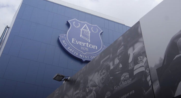 A large image of the Everton badge situated on the side of on one of their stands