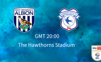 West Bromwich Albion vs Cardiff City team shields with match kick off time of 20:00