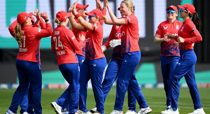 England Women team celebrating after their win against New Zealand