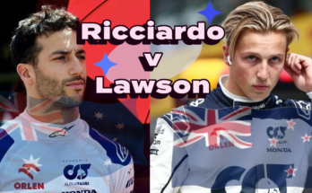 A picture of Daniel Ricciardo with an Australian Flag and Liam Lawson with a New Zealand Flag.