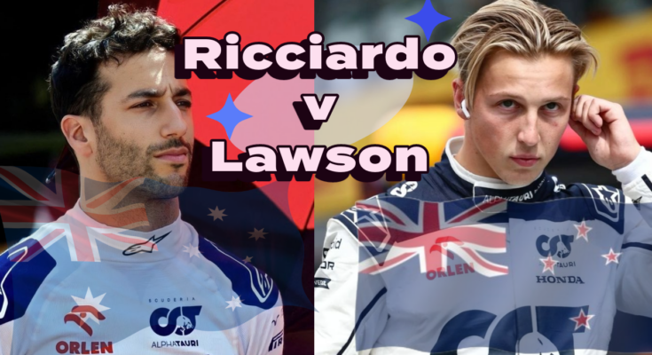 A picture of Daniel Ricciardo with an Australian Flag and Liam Lawson with a New Zealand Flag.
