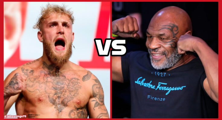 Side by side photo of Youtber Jake Paul, left, and former heavyweight champion Mike Tyson, right.