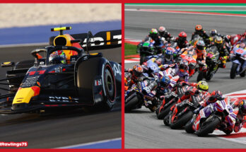 Side by side photo of Max Verstappen's F1 car and a pack of MotoGP cars going round a corner