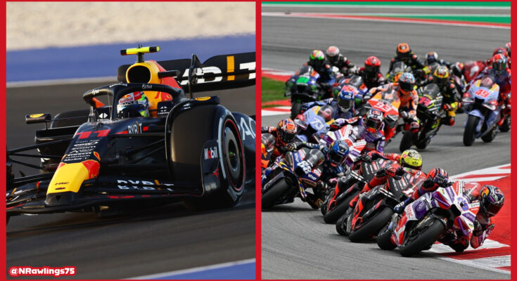 Side by side photo of Max Verstappen's F1 car and a pack of MotoGP cars going round a corner