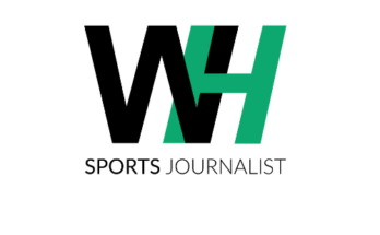 WH Sports Journalism Logo. Balck 'W' interlinked with a green 'H'.