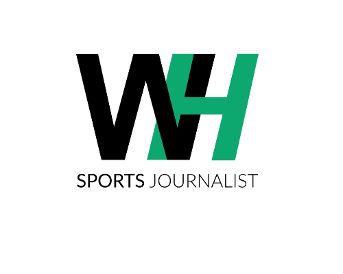 WH Sports Journalism Logo. Balck 'W' interlinked with a green 'H'.