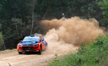 WRC car driving round on one of the dirt tracks