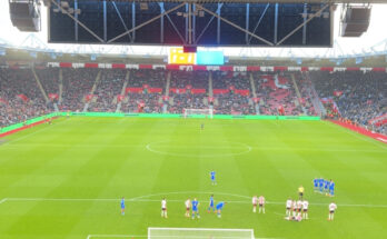 Southampton fans at St Mary's watching Saints take on Birmingham City