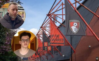 Outside Vitality Stadium showing flags with edited photos of a retail manager and fan of AFC Bournemouth in circles.