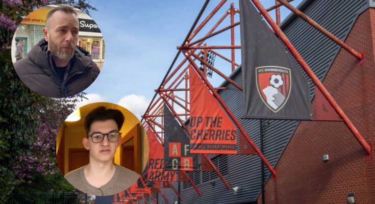 Outside Vitality Stadium showing flags with edited photos of a retail manager and fan of AFC Bournemouth in circles.