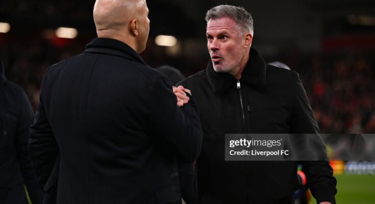 LIVERPOOL, ENGLAND - MARCH 11: Arne Slot, Manger of Liverpool, shakes hands with Jamie Carragher, former Liverpool player and TV pundit for Amazon Prime prior to the UEFA Champions League 2024/25 Round of 16 Second Leg match between Liverpool FC and Paris Saint-Germain at Anfield on March 11, 2025 in Liverpool, England. (Photo by Liverpool FC/Liverpool FC via Getty Images)