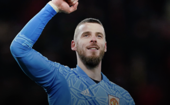 David De Gea fist pumps the air in a blue Man United goalkeeper kit