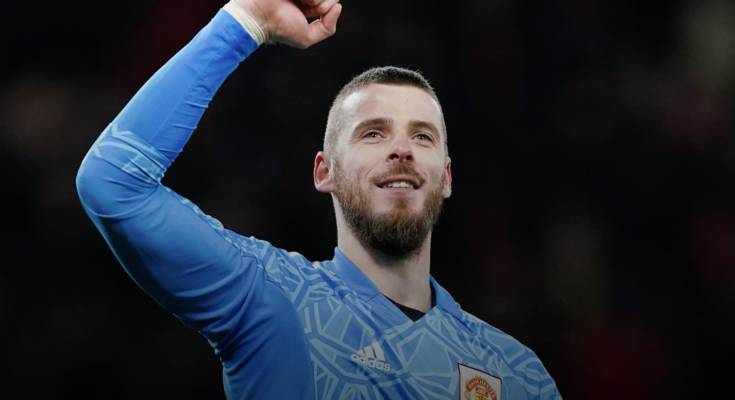David De Gea fist pumps the air in a blue Man United goalkeeper kit