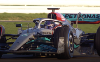 Mercedes F1 Car doing a test drive around a corner bend