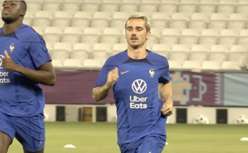 Antoine Griezmann in training action, alongside Ibrahima Konate