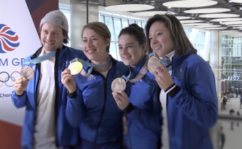 Members of the Great Britain Winter Olympic team holding up their medals in pride in front of the press.