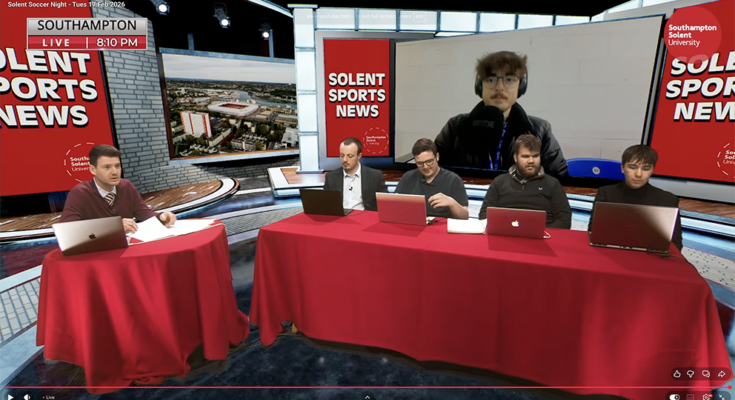 Soccer Night presenter and four pundits in studio on 17 February 2026