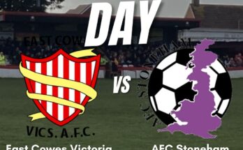 Matchday poster detailing the match between East Cowes Victoria vs AFC Stoneham.