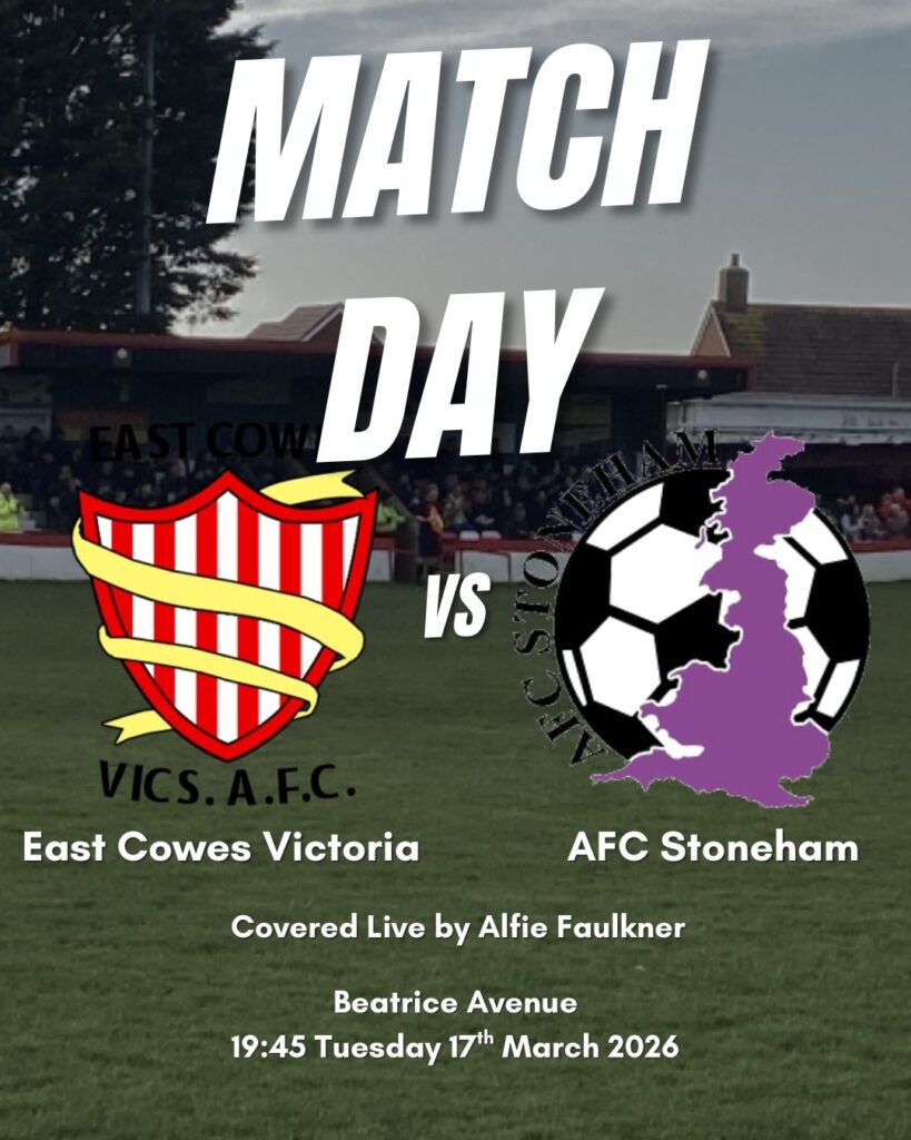 Current image: Matchday poster detailing the match between East Cowes Victoria vs AFC Stoneham.
