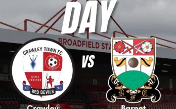 Matchday poster with details of who is covering Crawley Town vs Barnet