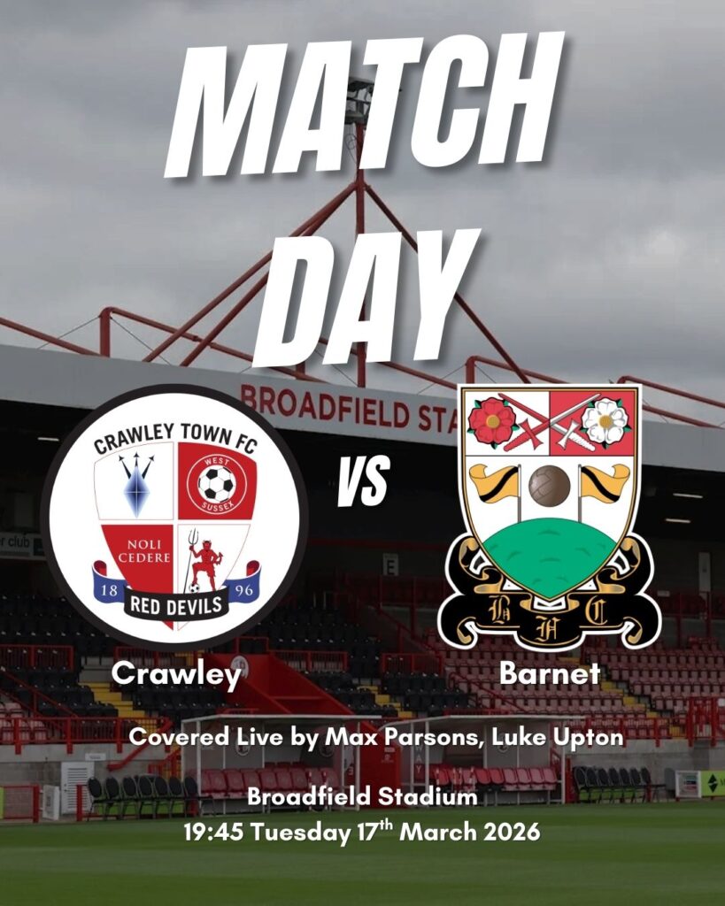 Current image: Matchday poster with details of who is covering Crawley Town vs Barnet