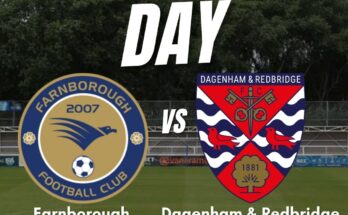 Matchday poster detailing the Farnborough vs Dagenham & Redbridge match.