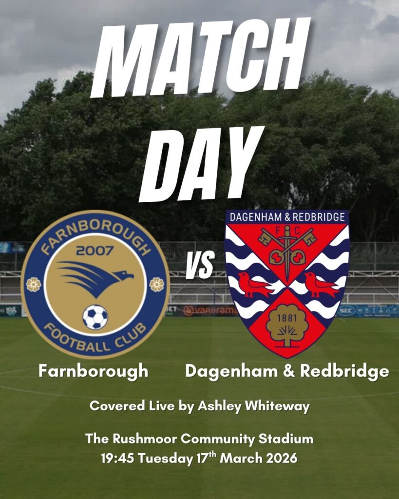 Current image: Matchday poster detailing the Farnborough vs Dagenham & Redbridge match.