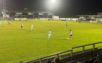 Maidenhead United attacker with ball being approached by Ebbsfleet United defender