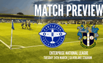 Eastleigh and Sutton United logos with Silverlake Stadium under floodlights