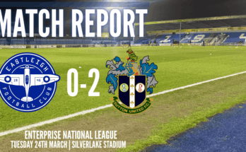 Eastleigh and Sutton United logos with Silverlake Stadium under floodlights