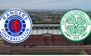 The badges of Rangers and Celtic next to each other with Ibrox Stadium in the background.