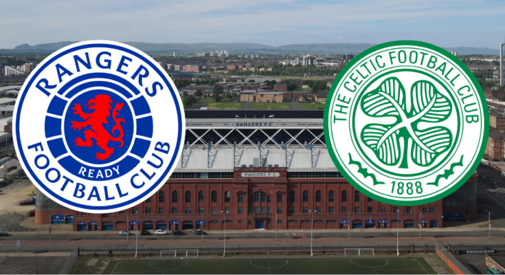 The badges of Rangers and Celtic next to each other with Ibrox Stadium in the background.