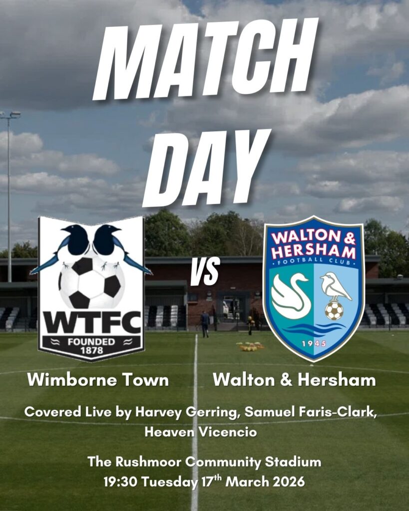 Current image: Matchday poster detailing the match between Wimborne Town and Walton & Hersham