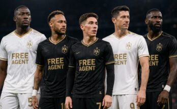 Ibrahima Konate, Neymar, Harry Wilson, Robert Lewandowski and Antonio Rudiger standing in a line in free agent kits