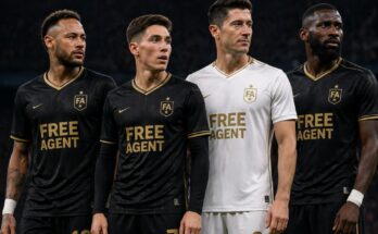 Neymar, Harry Wilson, Robert Lewandowski and Antonio Rudiger wearing free agents shirts in a line