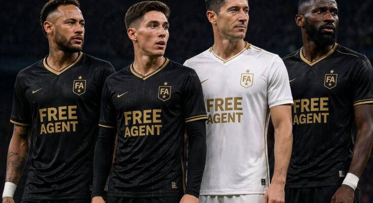 Neymar, Harry Wilson, Robert Lewandowski and Antonio Rudiger wearing free agents shirts in a line