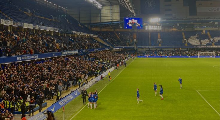Chelsea FC Women celebrate a goal at Stamford Bridge