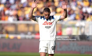LECCE, ITALY - APRIL 06: Nikola Krstovic of Atalanta BC celebrates after scoring his side second goal during the Serie A match between US Lecce and Atalanta BC at Stadio Via del Mare on April 06, 2026 in Lecce, Italy. (Photo by Francesco Pecoraro/Getty Images)