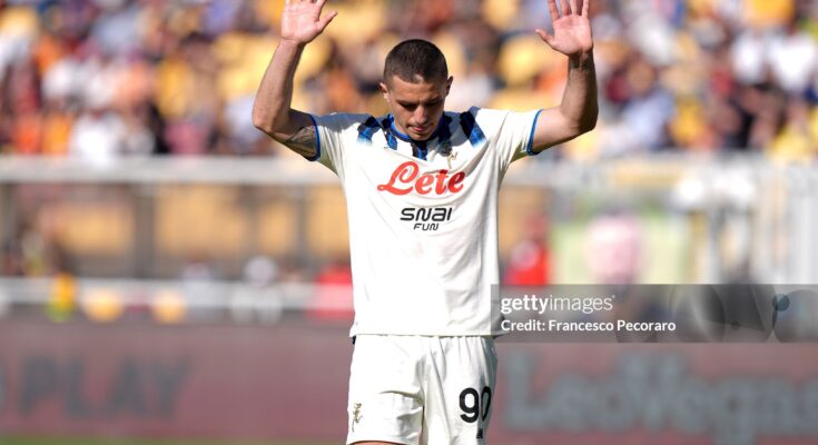 LECCE, ITALY - APRIL 06: Nikola Krstovic of Atalanta BC celebrates after scoring his side second goal during the Serie A match between US Lecce and Atalanta BC at Stadio Via del Mare on April 06, 2026 in Lecce, Italy. (Photo by Francesco Pecoraro/Getty Images)