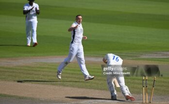 HOVE, ENGLAND - SEPTEMBER 09: Kyle Abbott of Hampshire celebrates after bowling Jack Carson of Sussex on Day 2 of the Rothesay County Championship Division 1 match between Sussex and Hampshire at The 1st Central County Ground on September 09, 2025 in Hove, England. (Photo by Mike Hewitt/Getty Images)
