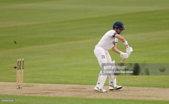 LONDON, ENGLAND - APRIL 03: Max Holden of Middlesex is bowled by Will Williams of Gloucestershire during the Rothesay County Championship Division 2 match between Middlesex and Gloucestershire at Lord's Cricket Ground on April 03, 2026 in London, England. (Photo by Alex Davidson/Getty Images)