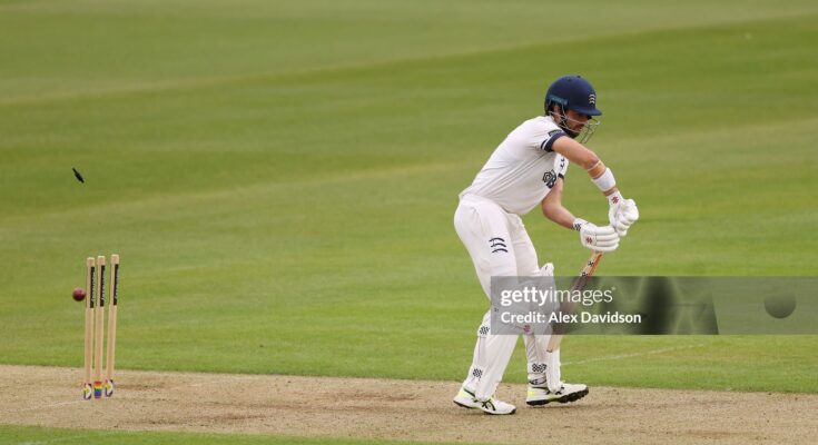 LONDON, ENGLAND - APRIL 03: Max Holden of Middlesex is bowled by Will Williams of Gloucestershire during the Rothesay County Championship Division 2 match between Middlesex and Gloucestershire at Lord's Cricket Ground on April 03, 2026 in London, England. (Photo by Alex Davidson/Getty Images)
