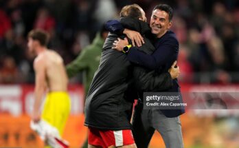 GIRONA, SPAIN - APRIL 06: Michel, Head Coach of Girona FC, celebrates victory with his player Daley Blind of Girona FC following the LaLiga EA Sports match between Girona FC and Villarreal CF at Montilivi Stadium on April 06, 2026 in Girona, Spain. (Photo by Alex Caparros/Getty Images)